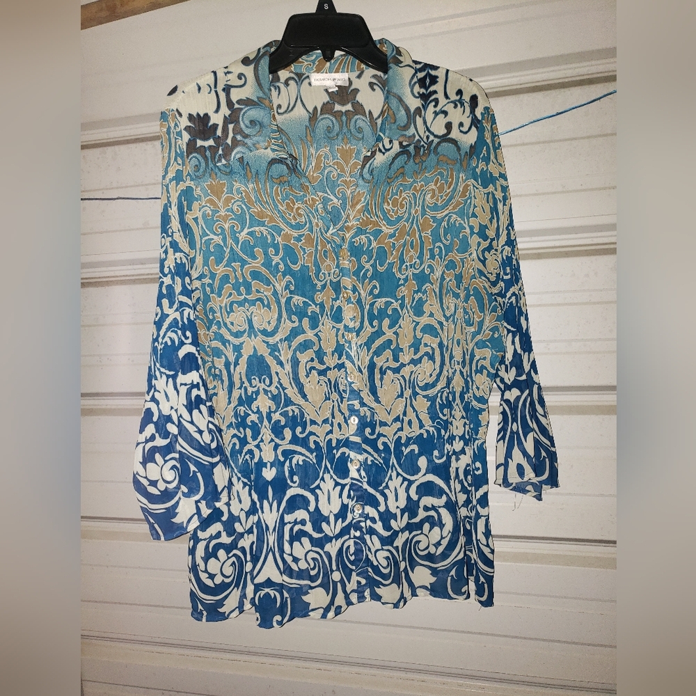 2X Plus Size Fashion Bug Pretty colorful blouse shirt top tan blue work 💙